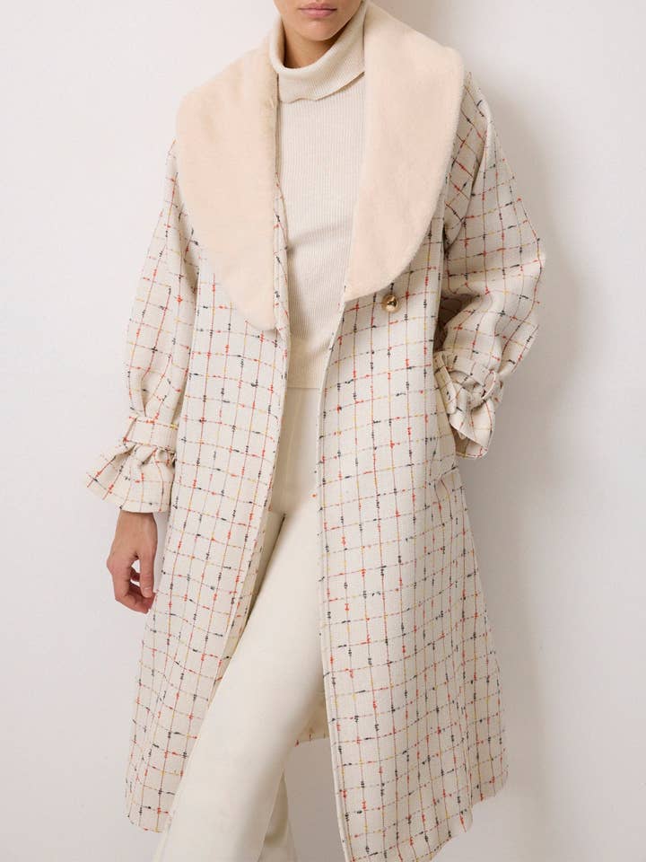 Cream PLAID TWEED COTTON COAT WITH FAUX FUR SHAWL COLLAR for wholesale on Faire1