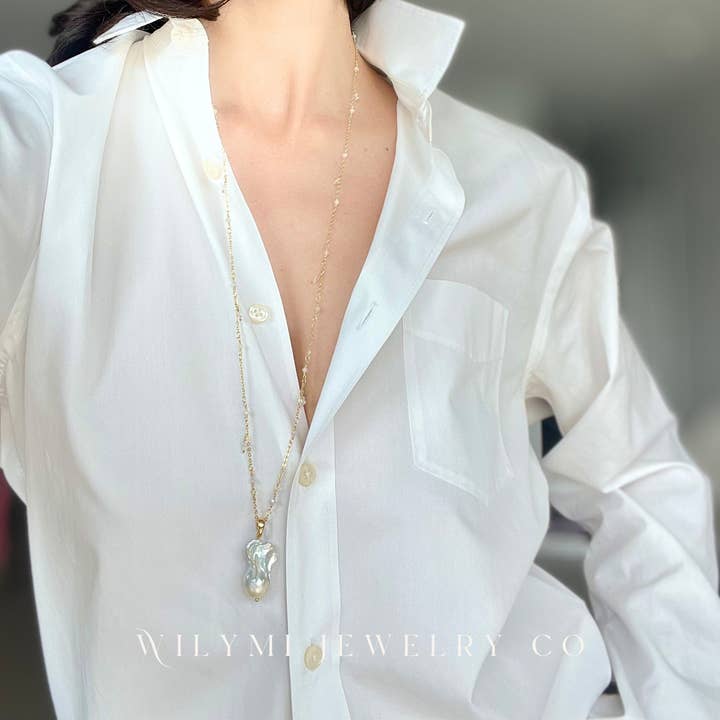 WILYMI Jewelry Co - Wholesale Pendant/charm necklace - Long White Baroque Pearl Necklace + Herkimer Diamonds1