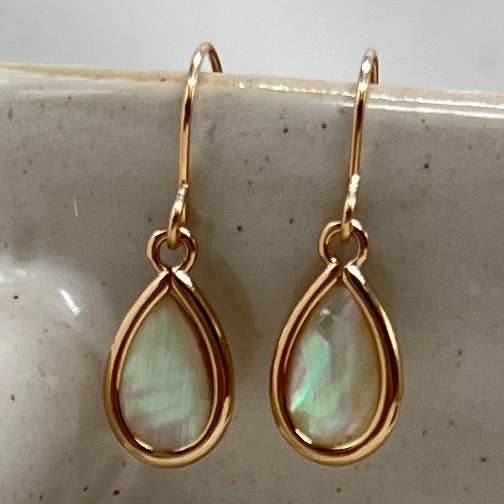 Small Mother of Pearl Earrings, Bezel Teardrops Gold Filled for wholesale by Sela+Sage