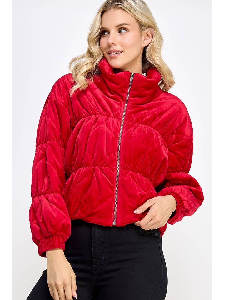 Sweet Lemon - Wholesale Puffer Jacket - Women's - VELVET TEXTURED QUILTED PUFFER JACKET