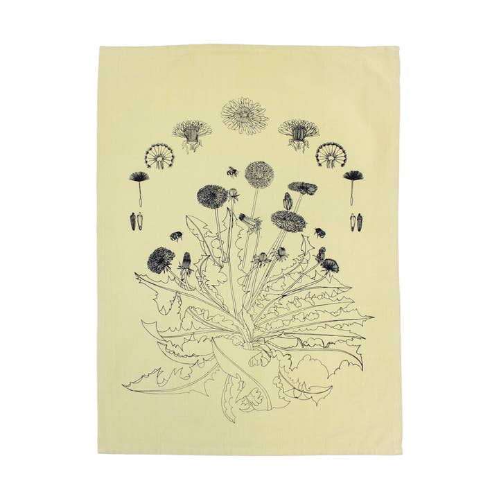 Dandelions & Honey Bees Hand-printed Artisan Tea Towel for wholesale by Planetarium