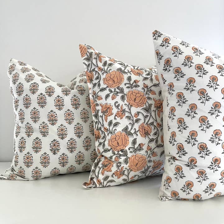fort & field - Wholesale Throw Pillow Cover - 18x18 cotton peach grey floral motif square pillow cover6