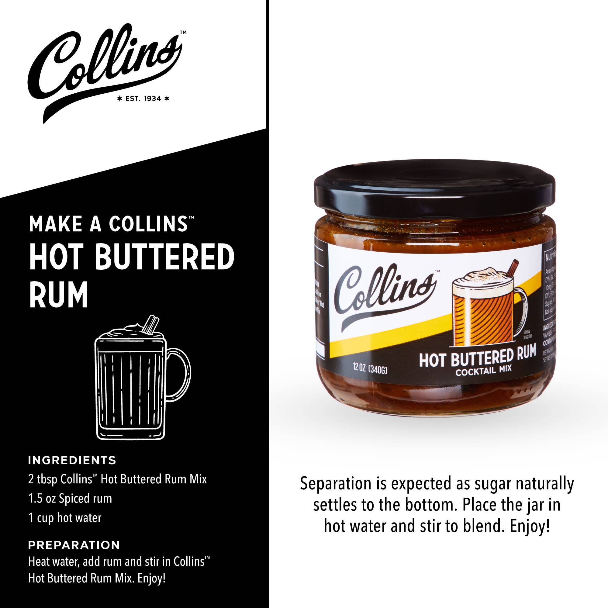 Collins - Wholesale Cocktail Mix/Syrup - Real Sugar Hot Buttered Rum Cocktail Mix 12 oz2