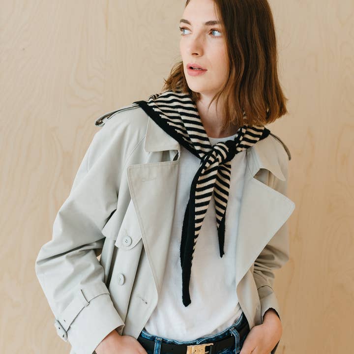 TBCo - Wholesale Scarf - Women's - Merino Triangle Scarf in Black Stripe