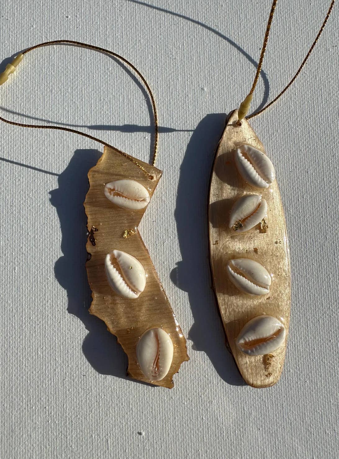 SeaLion Resin - Wholesale Ornament - Surfboard Ornament with cowry shells ~ wood and resin beach