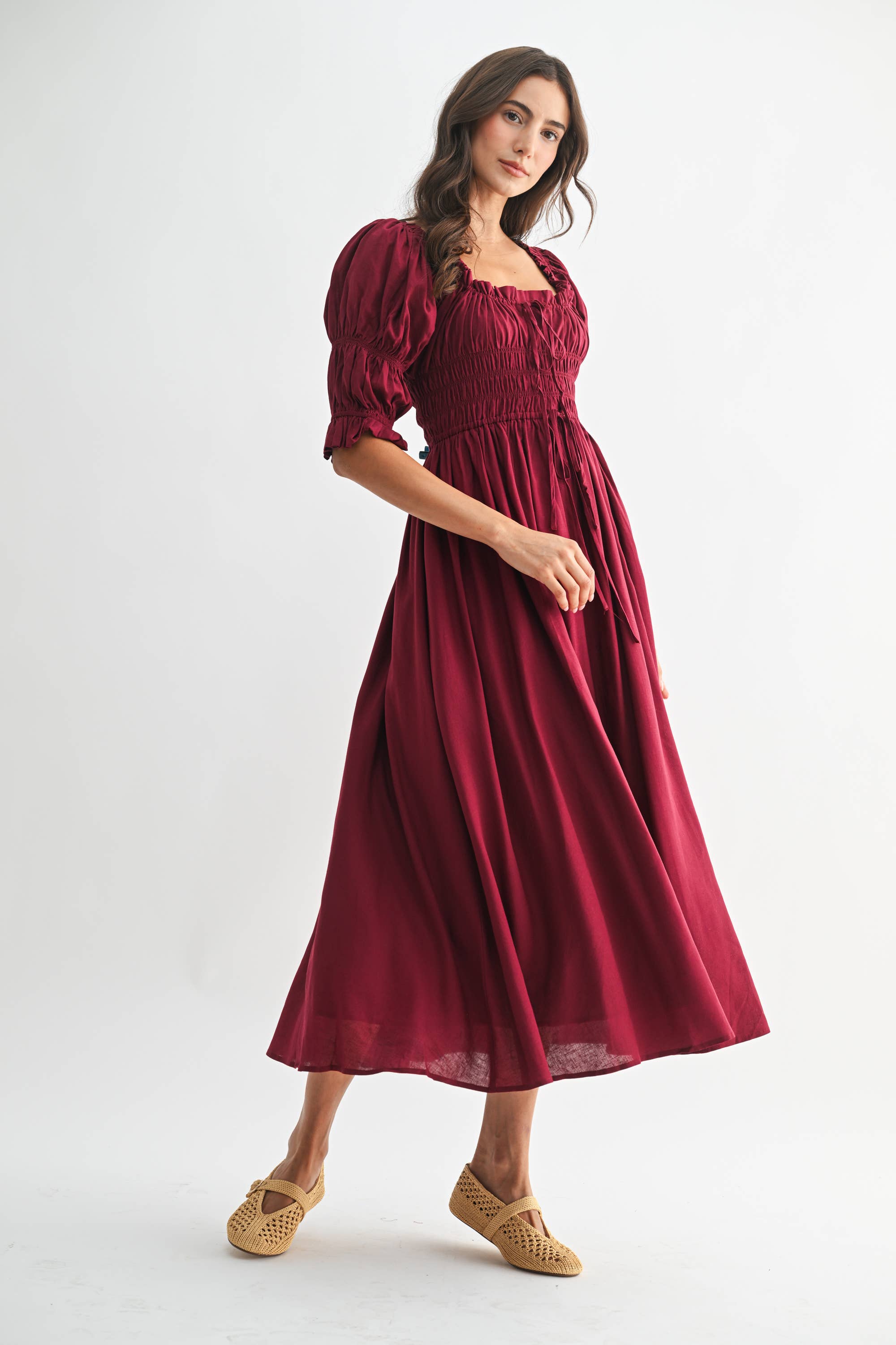 Camellia - Vente Robe – femme - ROBE MIDI ÉPAULES DÉNUDÉES SMOCKÉE AVEC JUPE PLISSÉE18