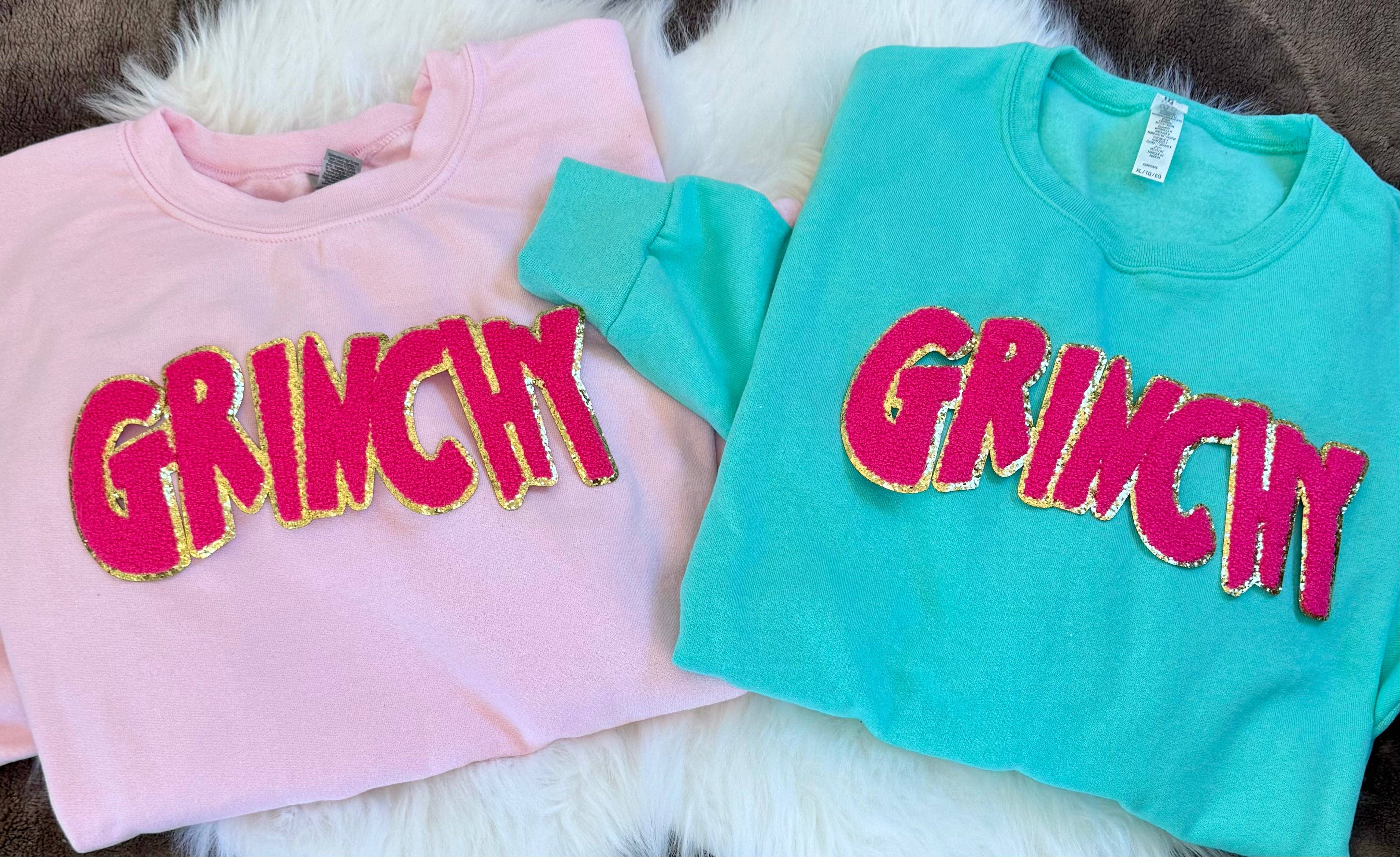 sequinandstiches - Venta al por mayor Parches - Parche Grinchy. Parche Rosa, Parche de Purpurina y Chenilla de 11” Un Solo Parche, Parche de Navidad, Hazlo tú mismo, Parche Termoadhesivo0