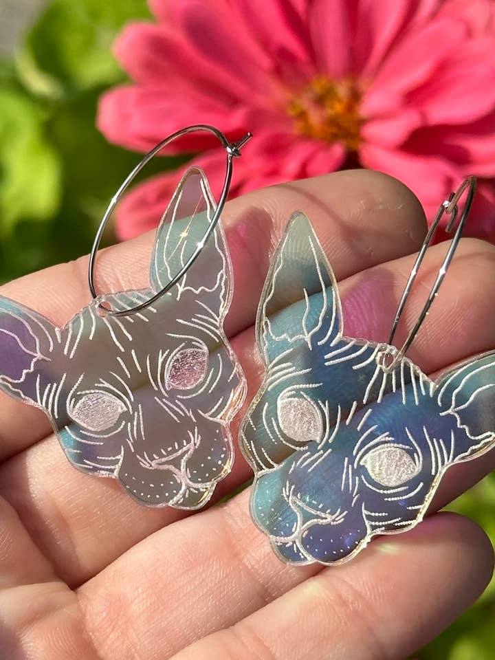 Iridescent Sphynx Cat Earrings for wholesale by ShlemonArt