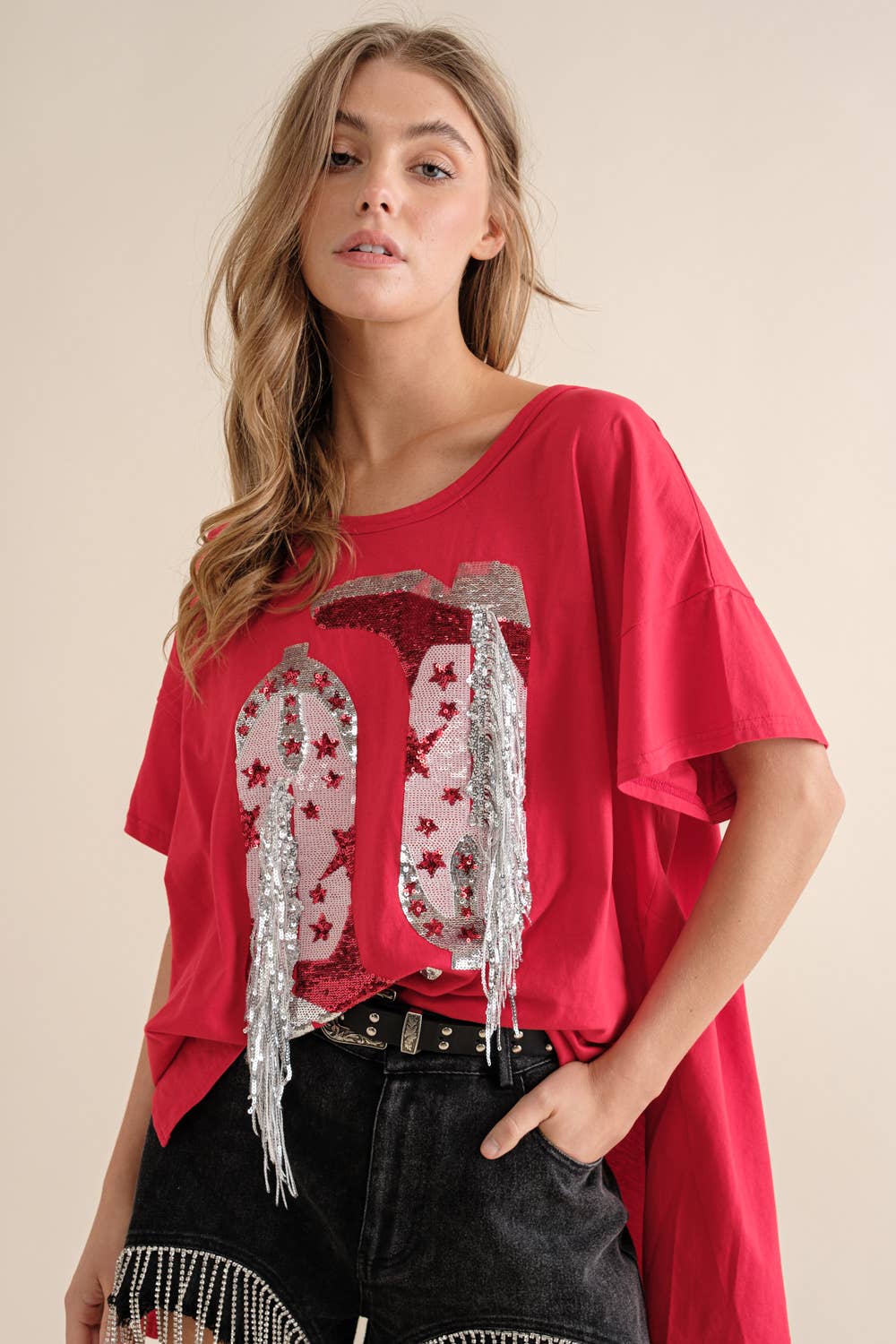 Blue B - Wholesale T-Shirt - Women's - 32487T - Cotton Sequin Western Boot Fringe Loose Side Tee22