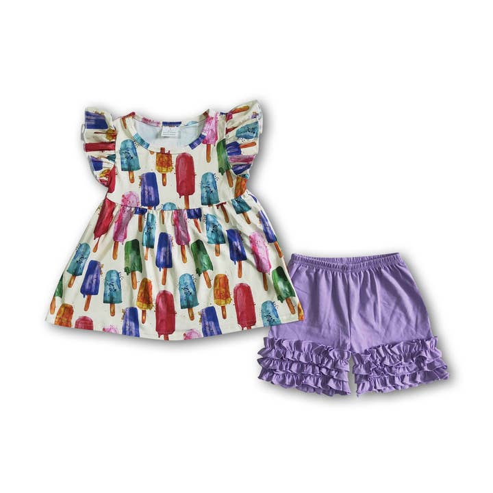 Popsicle flutter sleeve purple shorts girls summer clothes for wholesale by Yawoo Garments