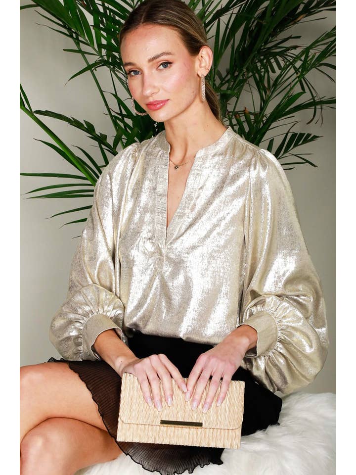 Vine & Love - Wholesale Blouse – Women’s - Henley Neck Long Balloon Sleeve Metallic Blouse Top VT81244F17