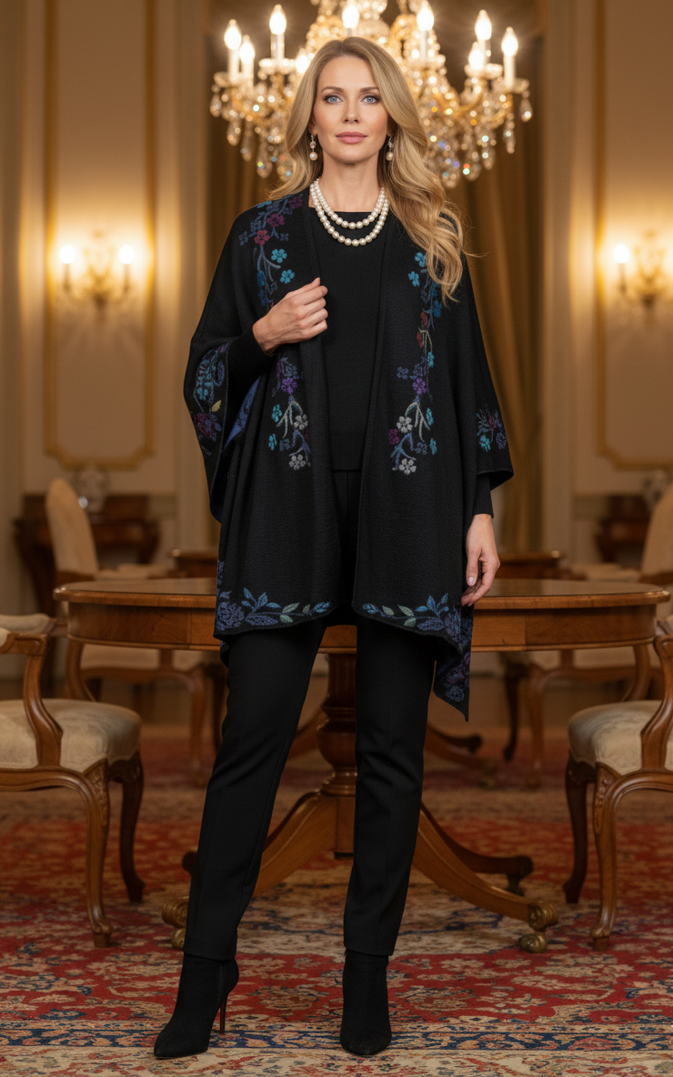 Denim Black RN-373 Delicate Artisan Reversible Cape floral embroidery  for wholesale on Faire1