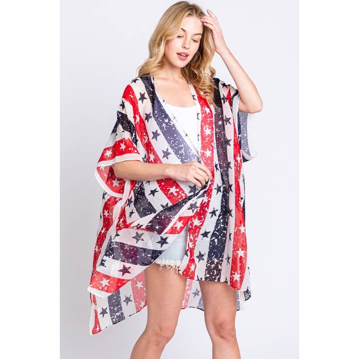 AMERICAN FLAG STAR PRINT KIMONO for wholesale by Love and Repeat