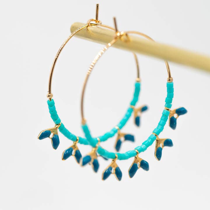 Delicate, elegant turquoise blue creoles gilded with fine gold/designer jewelry/ Japanese Miyuki glass beads//handmade jewelry for wholesale by Atelier Vivienne