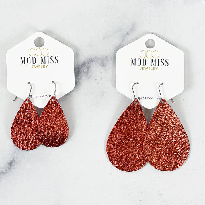 Metallic Orange Leather Teardrop Earrings for wholesale by The Mod Miss