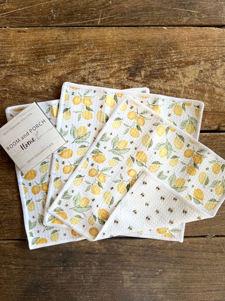 Lemon & Bees - 2 sided dishcloth - set of 3 10"x10" for wholesale by ROOM and PORCH