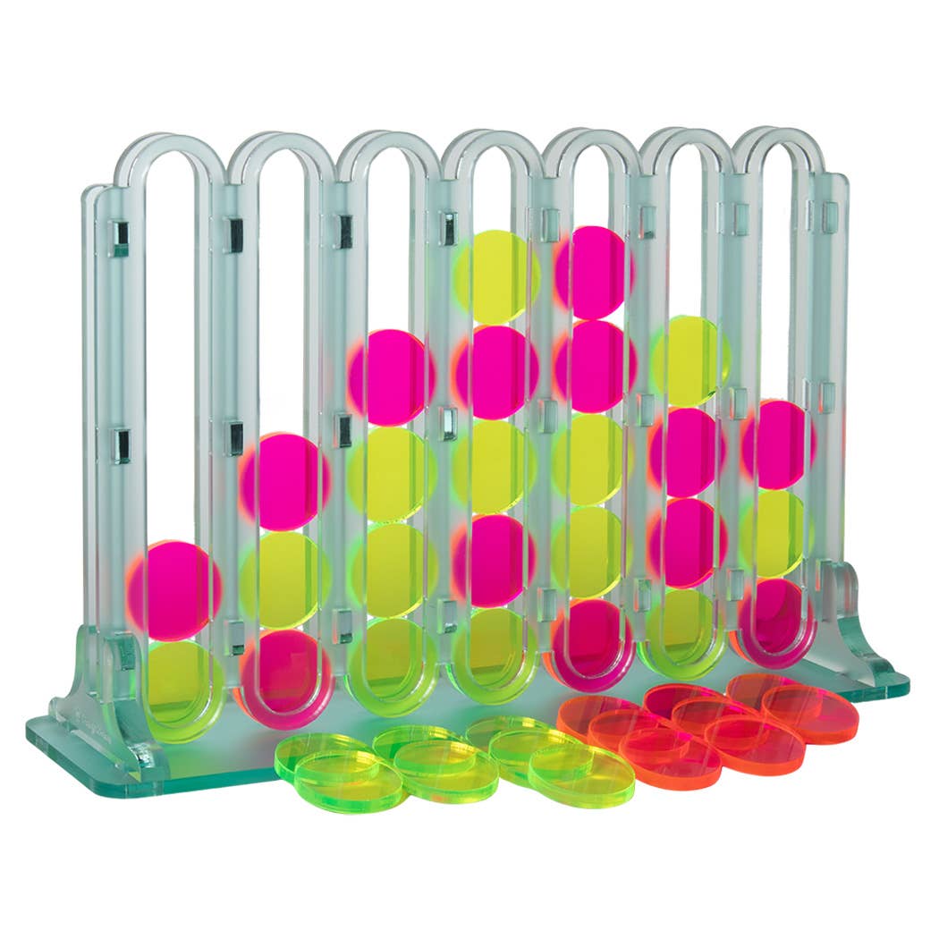 Design2Rave LLC - Wholesale Board Game - Acrylic Four In A Row Game - Seafoam Green with Fluorescent Pink and Yellow Game Pieces1