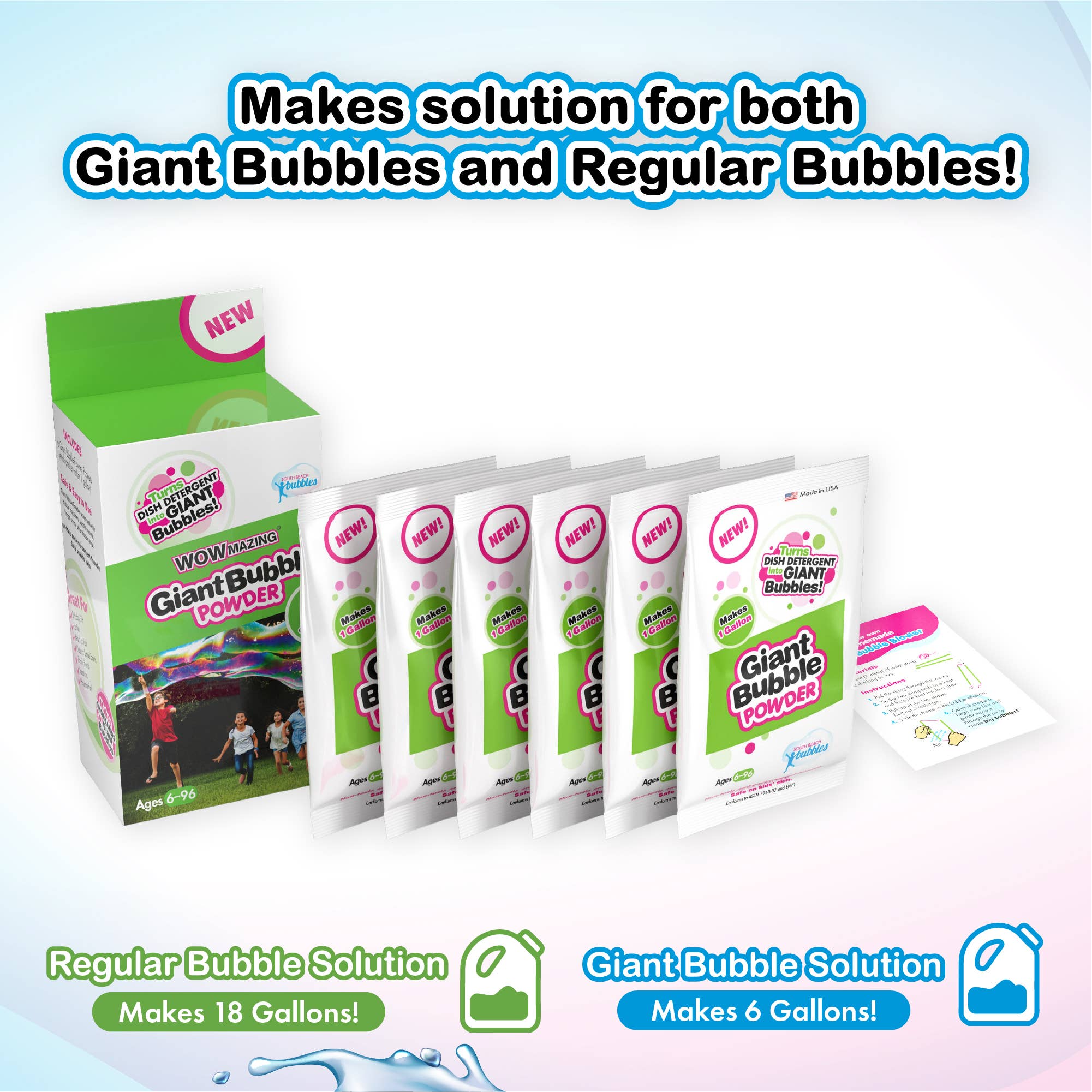 South Beach Bubbles - Wholesale Bubble Wand - Kids - WOWmazing Giant Bubble Powder (6-Pack)-Makes 6 Gallons!1