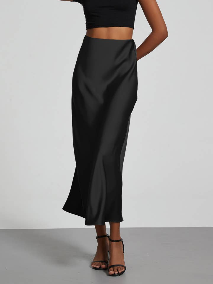 Wholesalesir - Wholesale Skirt - Women's - Solid Color Glossy Mid Length Skirt2