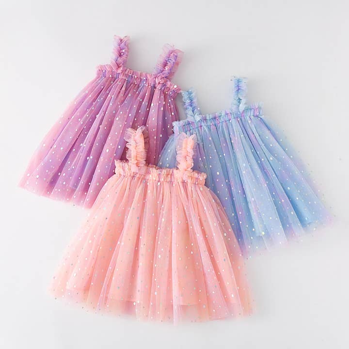 Robe à bretelles en tulle bouffant à sequins scintillants arc-en-ciel pour filles pour la vente par Little Trendy