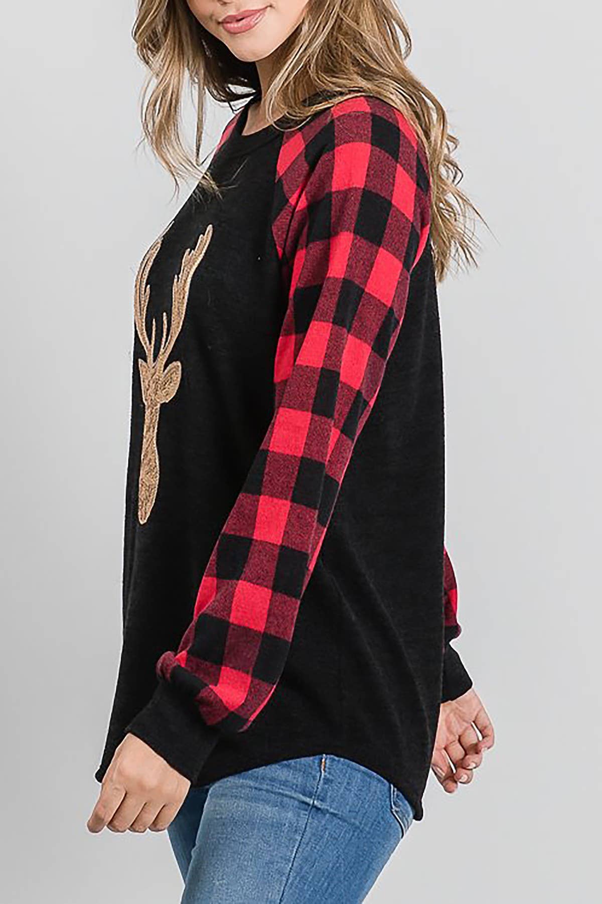 ROUSSEAU - Vendita all'ingrosso Maglietta - Donna - TOP A CONTRASTO CON STAMPA A QUADRI E RENNE CON PAILLETTES2