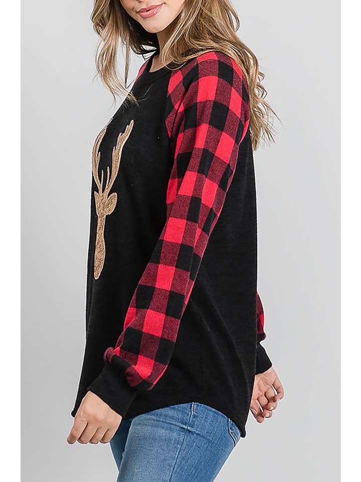 ROUSSEAU - Vendita all'ingrosso Maglietta - Donna - TOP A CONTRASTO CON STAMPA A QUADRI E RENNE CON PAILLETTES2