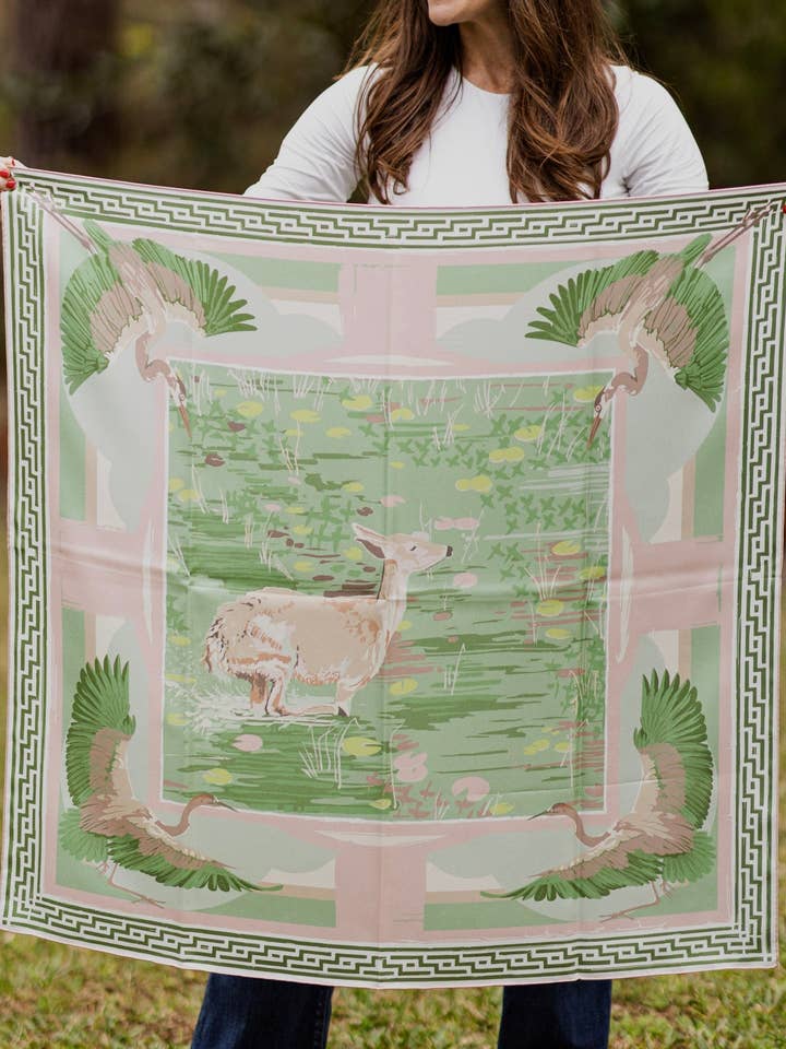 Green Pink Lily Pad Doe - Double-Sided Silk Scarf for wholesale by Austin Williams Art