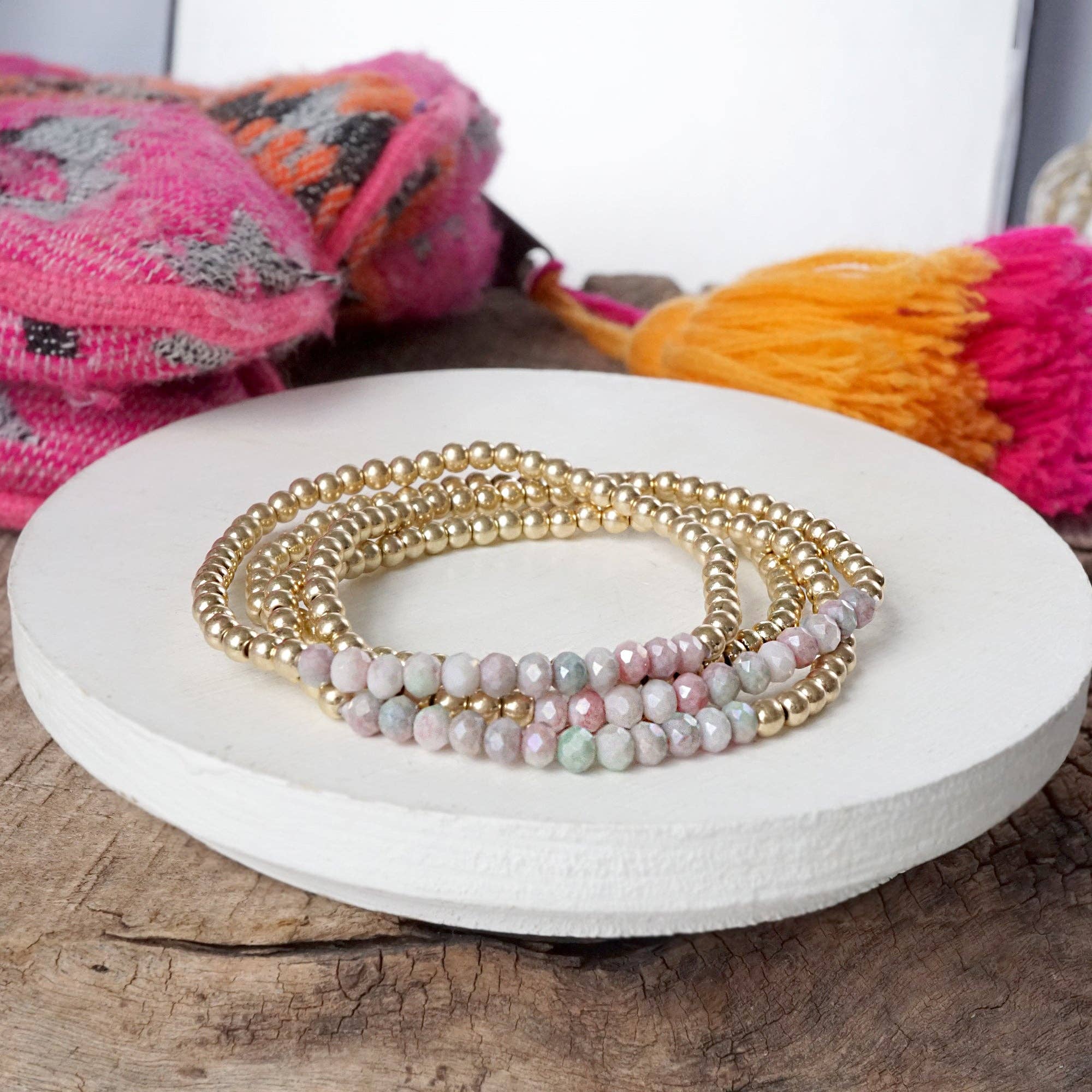 PennyLine inc - Wholesale Beaded Bracelet - Small Worn Gold tone and Glass beads bracelet stack of 4 bracelets11