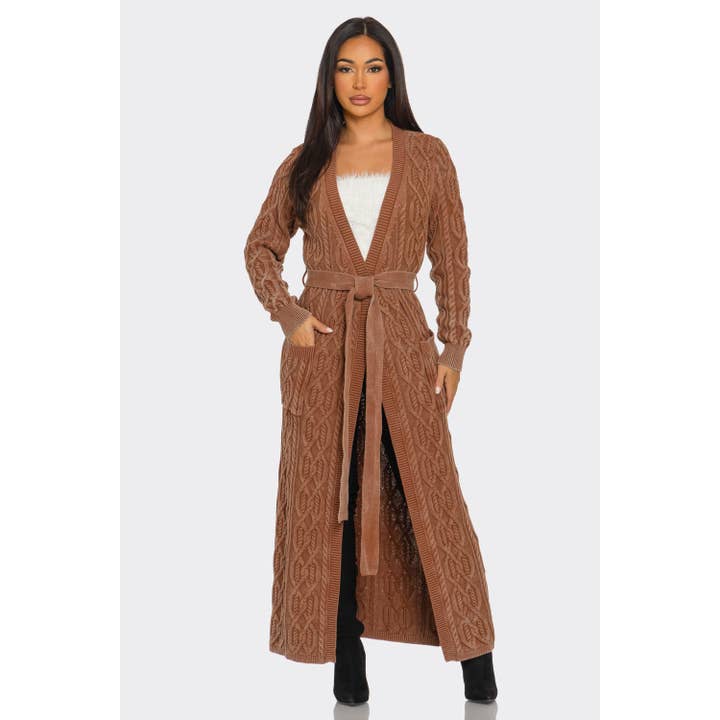 Zopfmuster-Langstrickjacke mit Gürtel für den Großhandel von HiteJeans