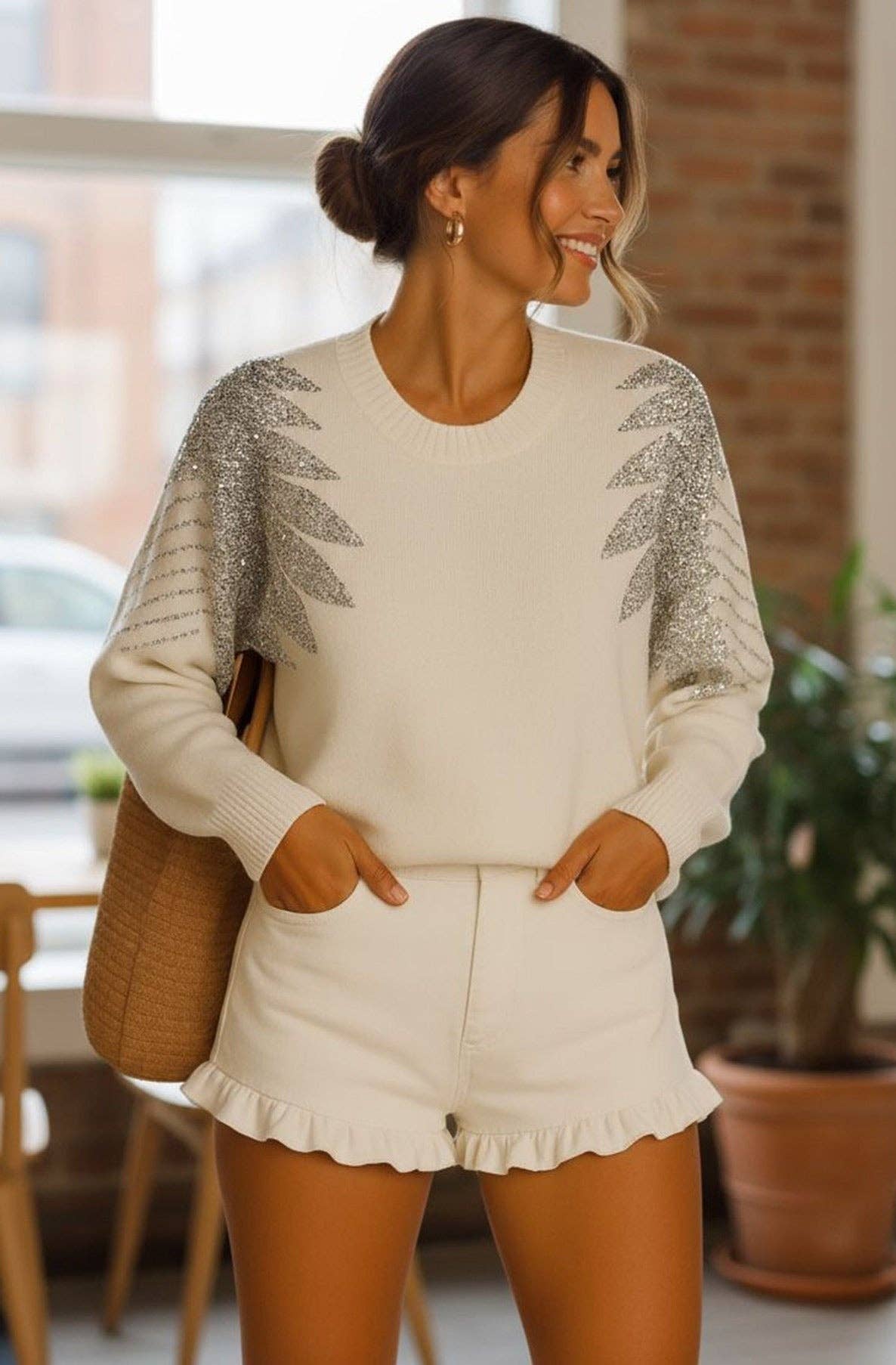 Ivory Angelica Sequin Wing Light Knit Jumper-Ivory for wholesale on Faire1