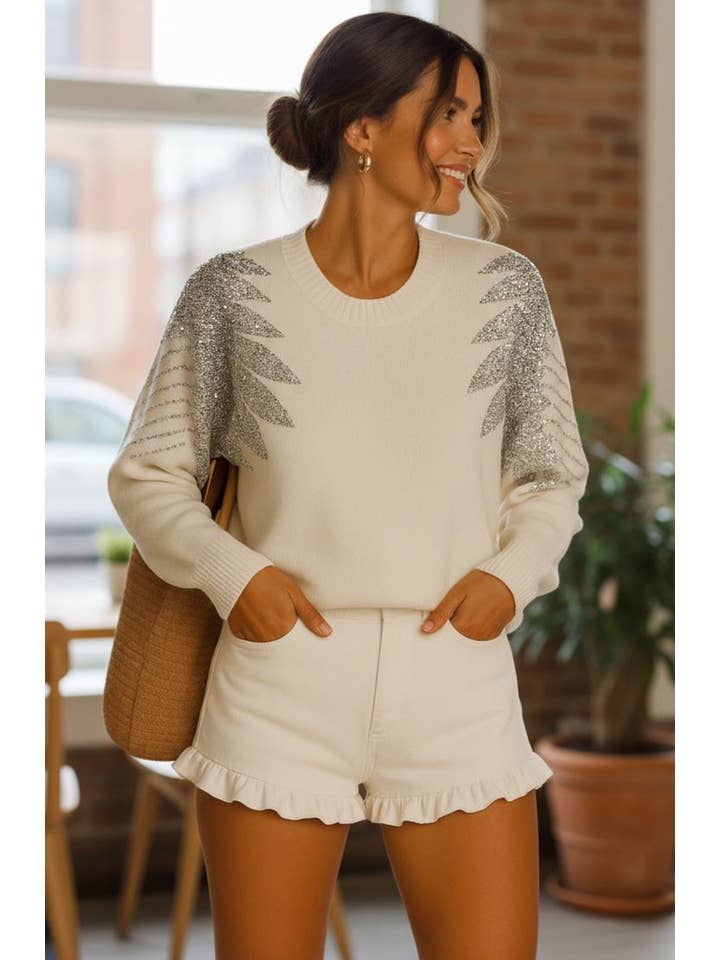 Ivory Angelica Sequin Wing Light Knit Jumper-Ivory for wholesale on Faire1