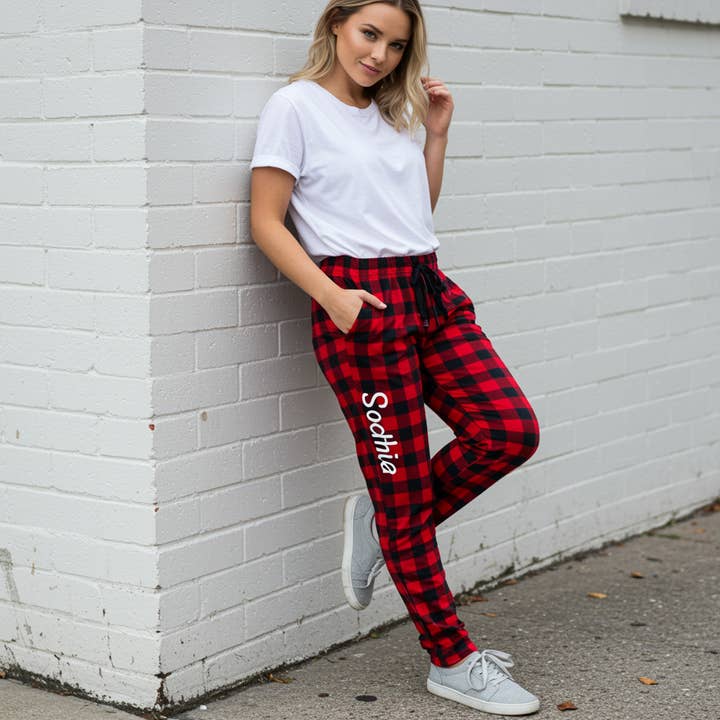 Pantaloni da salotto in flanella scozzesi personalizzati Pantaloni unisex a quadri per la vendita all'ingrosso da parte di The Blissful