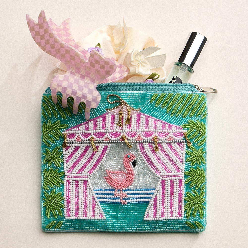 Sensibling Corp. - Wholesale Coin Purse - Women's - Flamingo Cabana Palm Seed Beaded Mini Pouch Bag0