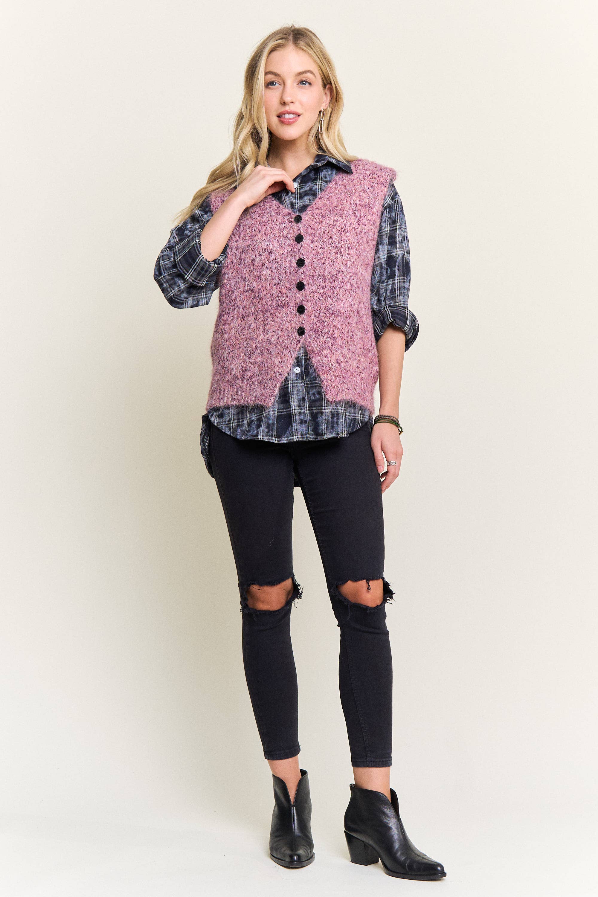 ADORA LA - Wholesale Outerwear Vest - Women's - CESW4158-BUTTON-UP FUZZY KNIT SWEATER VEST17