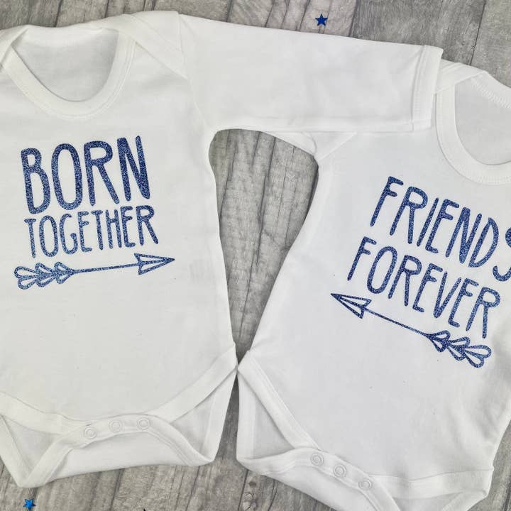 Personalised Baby Clothes and Gifts - Wholesale Bodysuit (Non-Footed) - Baby - Twins Born Together, Friends Forever Baby Romper Vest