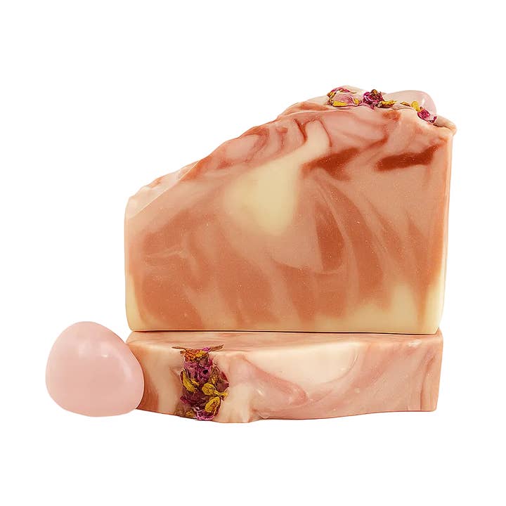 Romantic Tranquility Soap – Artisan Rose Soap with Polished Rose Quartz Crystal for wholesale by Etti Soap LLC