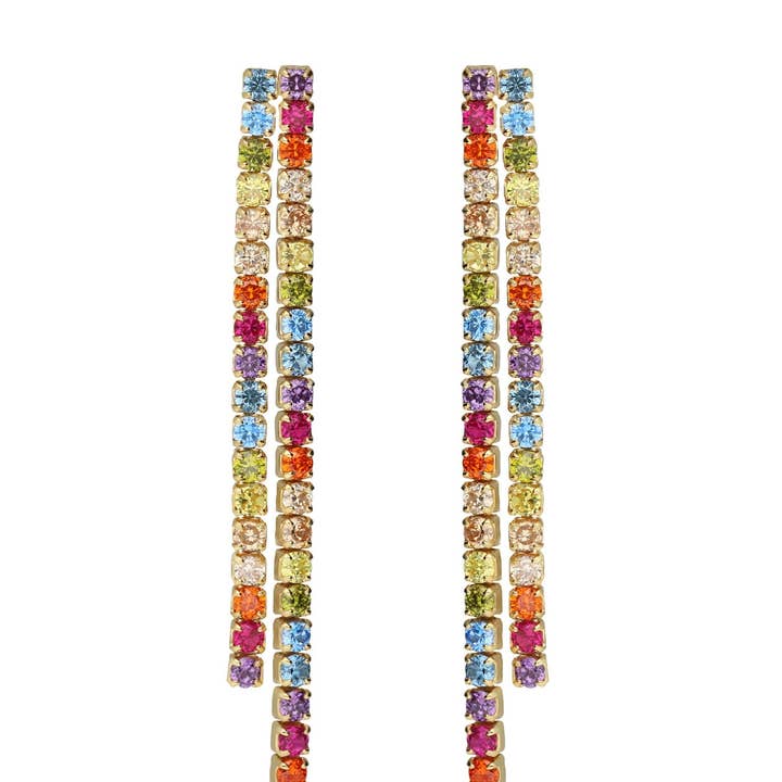 Boucles d'oreilles pendantes Riviera avec cristaux rivière multicolores en argent pour la vente par Victoria Cruz