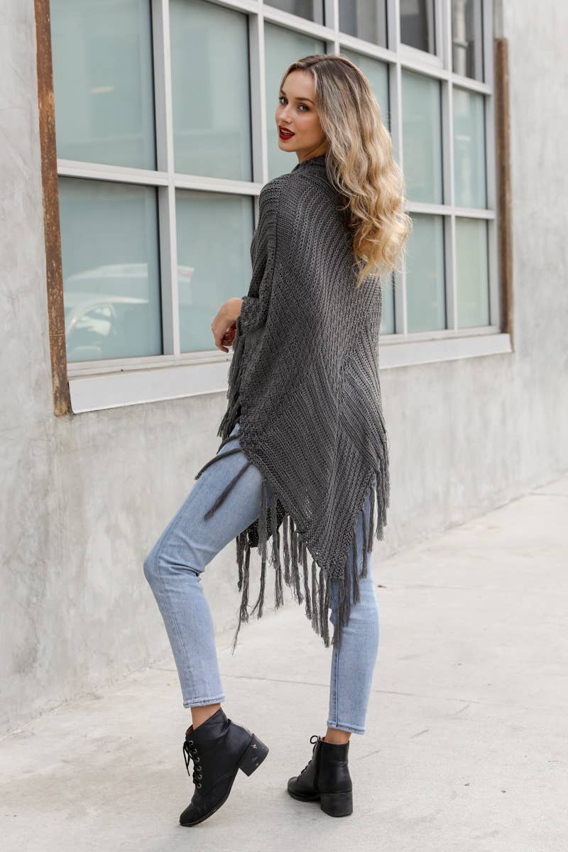 Leto Accessories - Wholesale Poncho - Women's - Turtleneck Cable Knit Poncho With Tassels4