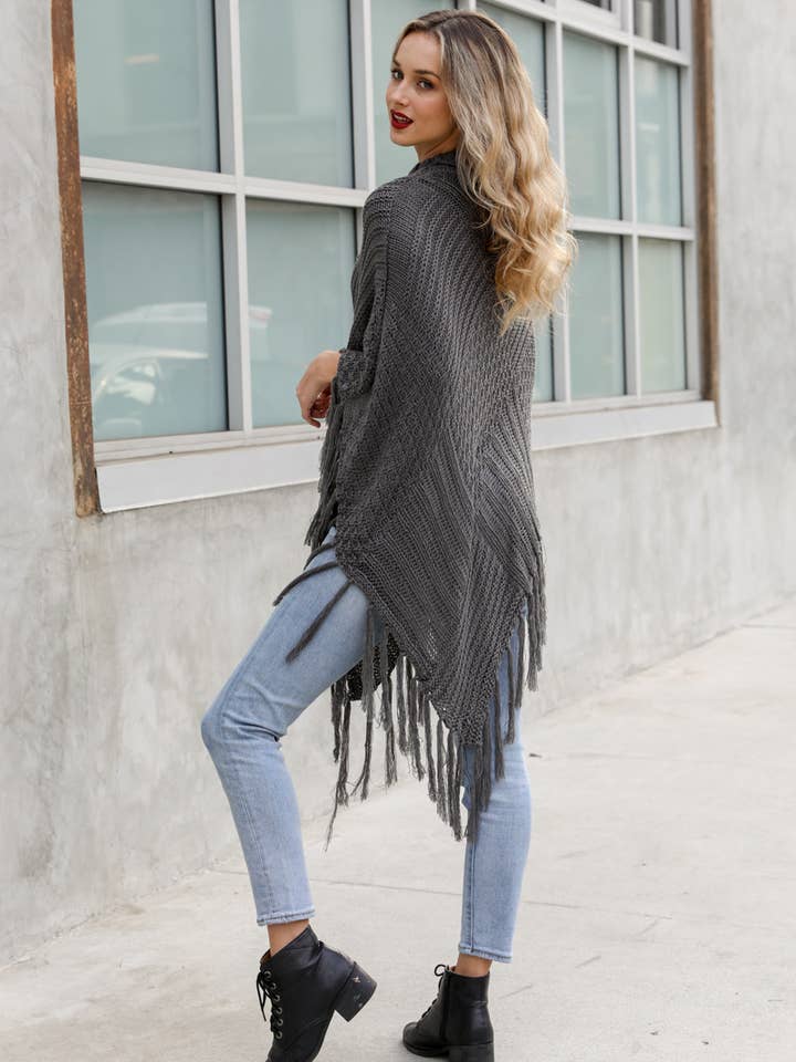 Leto Accessories - Wholesale Poncho - Women's - Turtleneck Cable Knit Poncho With Tassels4