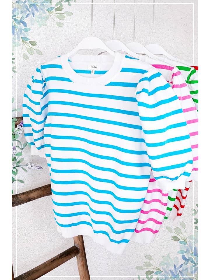 La Miel - Wholesale Knit Top - Women's - JCS3562-Lightweight Puff Short Sleeve Stripe Knit Top20