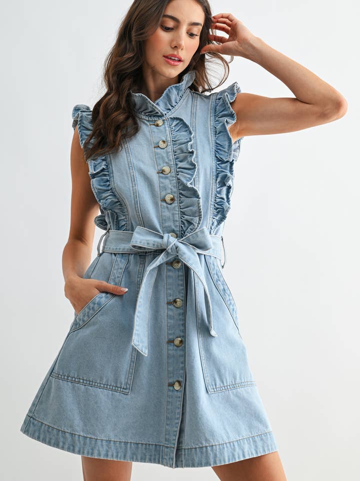 CD10240E SLEEVELESS DENIM DRESS WITH RUFFLE DETAILS for wholesale by Camellia
