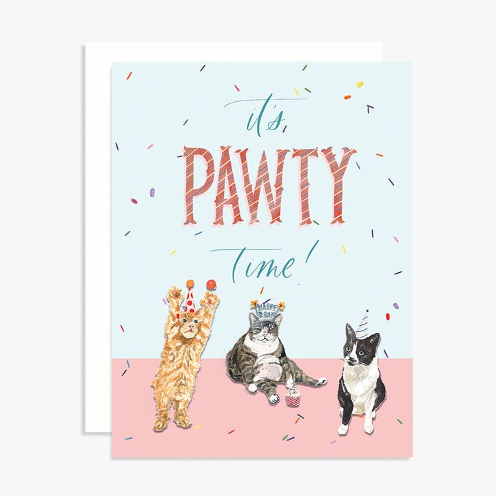 It's Pawty Time Cat Birthday Greeting Card for wholesale by The Scribblist