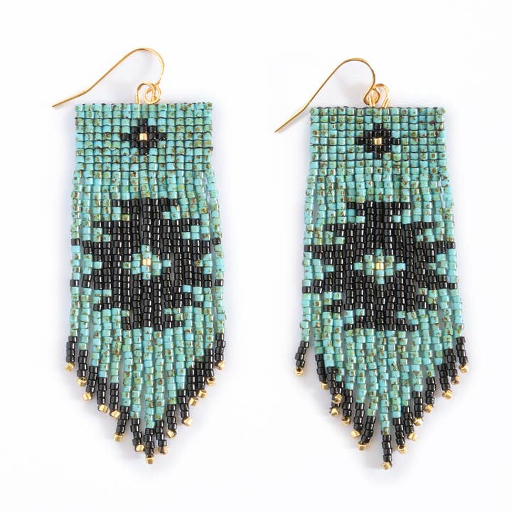 Mayana Designs Co - Wholesale Dangle Earrings - Beaded Handwoven Tribal Fringe Earrings (Aqua/Black)0