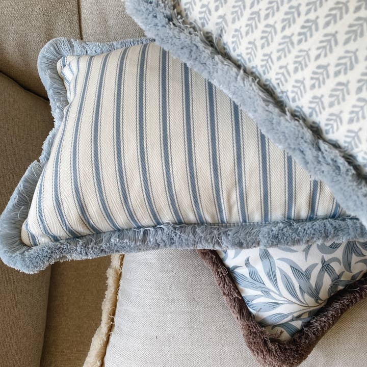 Rosie & Smudge - Wholesale Lumbar pillow - Blue Fringe Ticking Stripe Lumbar Oblong Complete Cushion2