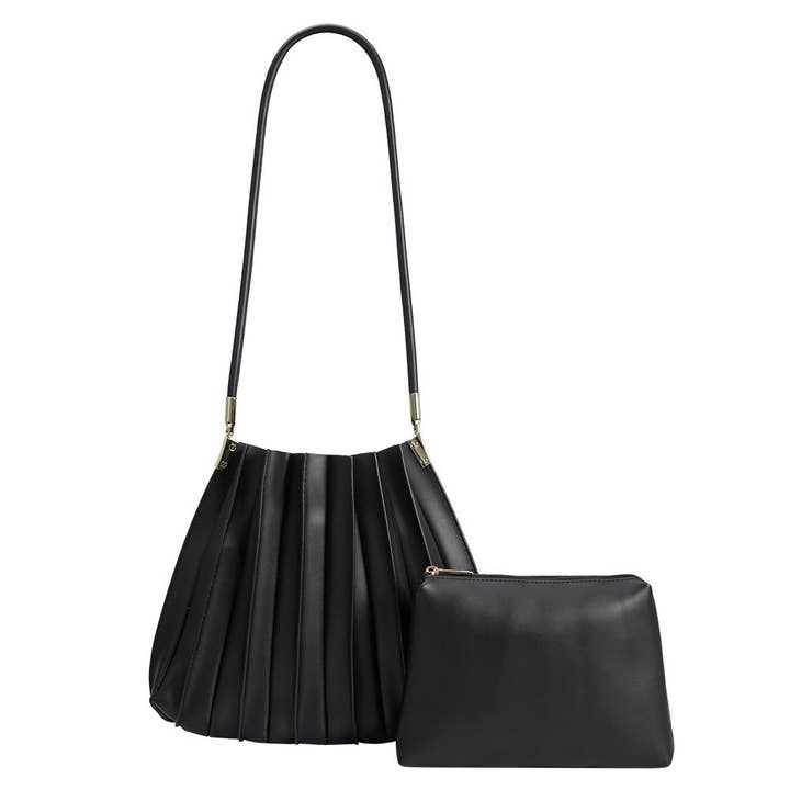 Melie Bianco - Wholesale Shoulder Bag - Women's - Carrie Black Pleated Vegan Shoulder Bag