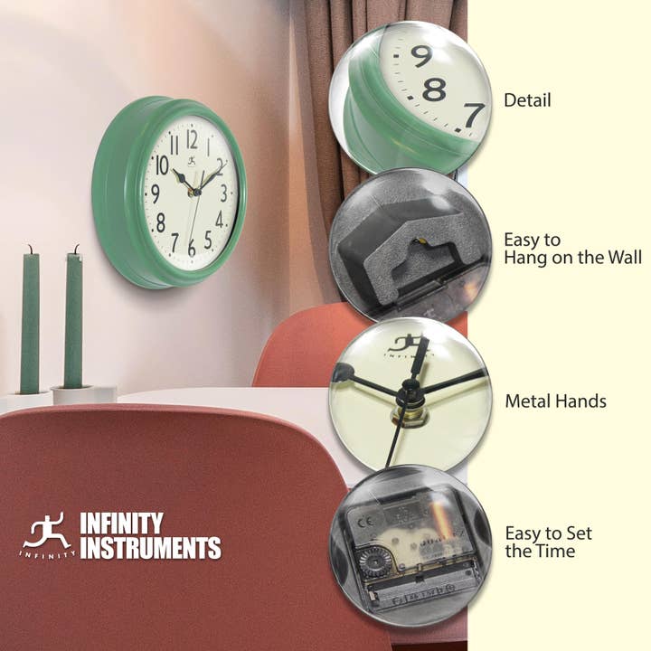 Infinity Instruments - Wholesale Wall Clock - Midcentury/Modern Round Green Wall Clock 9.5 Inch