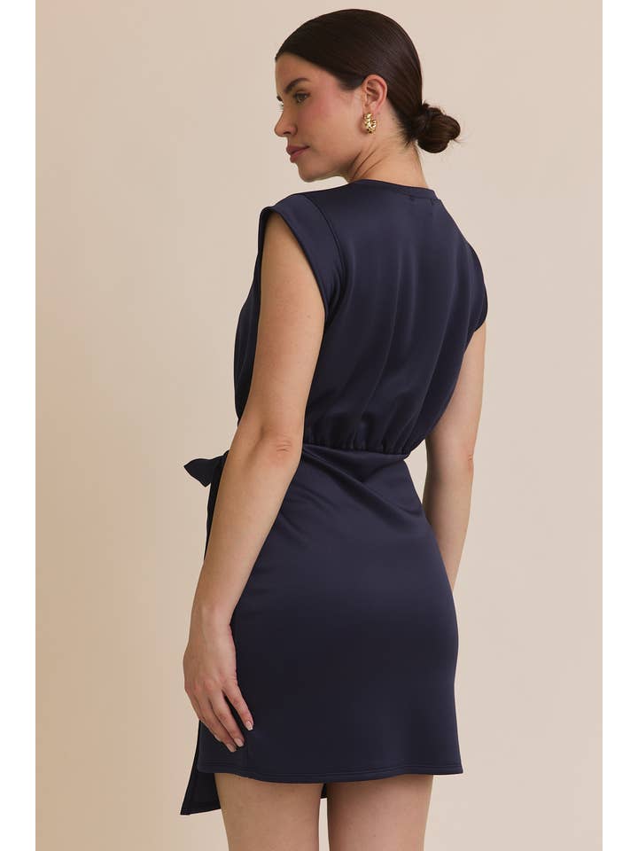 NAVY ROUND NECK SLEEVELESS WRAP MINI DRESS for wholesale on Faire3