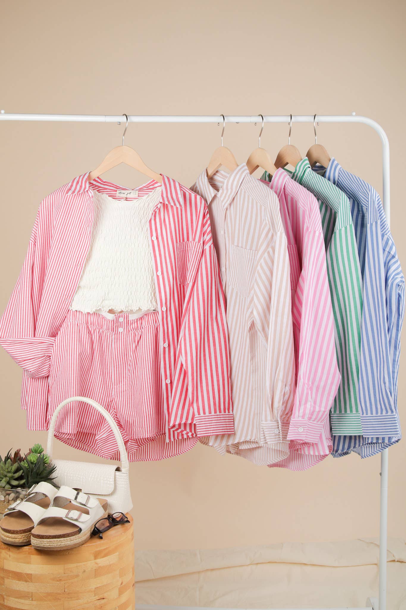 VERY J - Wholesale Lounge Set - Women's - NT12020SET-Striped Oversized Comfy Shirt Top & Shorts Set21