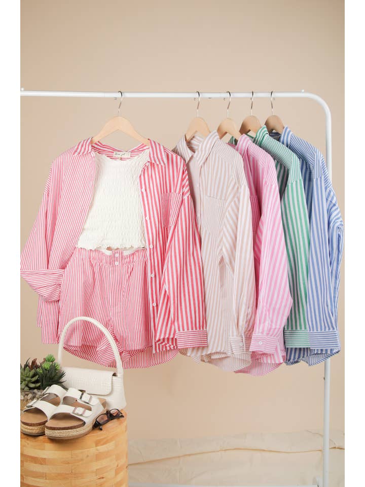 VERY J - Wholesale Lounge Set - Women's - NT12020SET-Striped Oversized Comfy Shirt Top & Shorts Set21