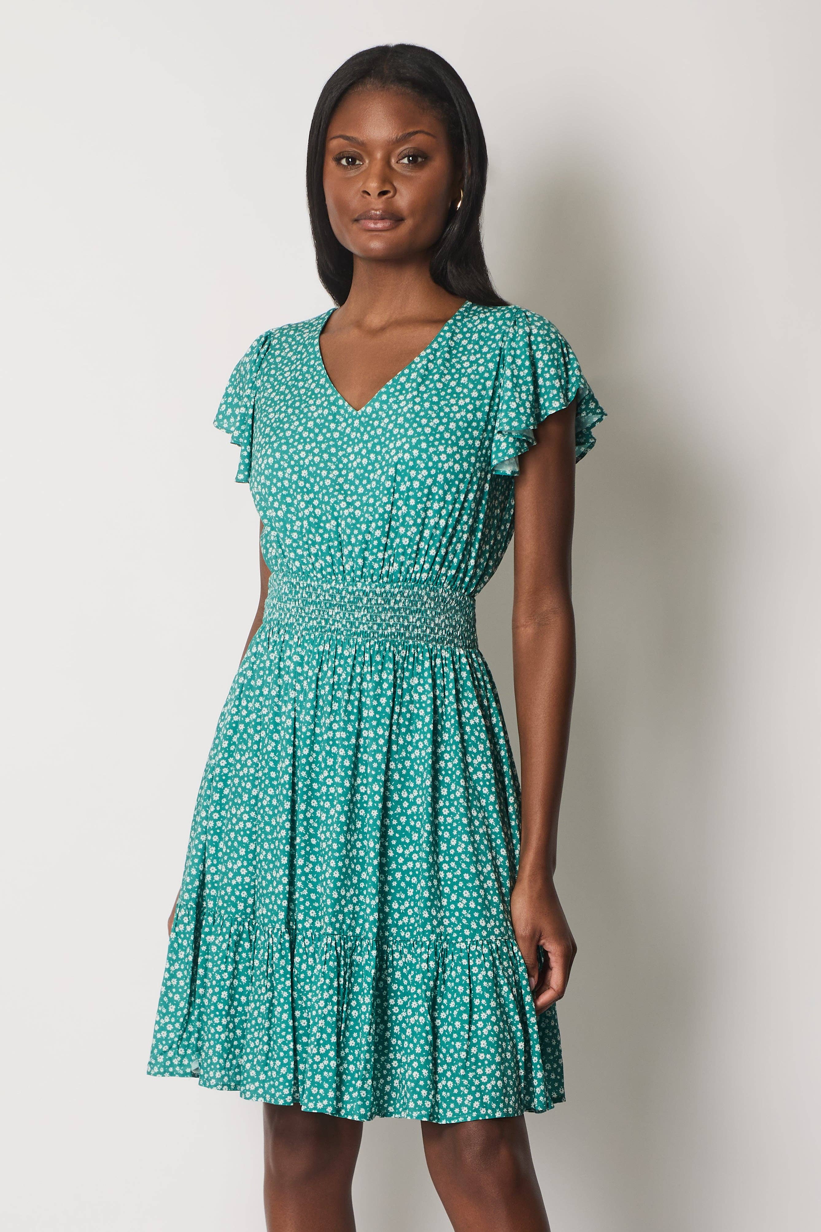 SOLO – Vestido - Mulher por atacado – Vestido Floral com Mangas Flutuantes e Cintura Franzida - Verde1